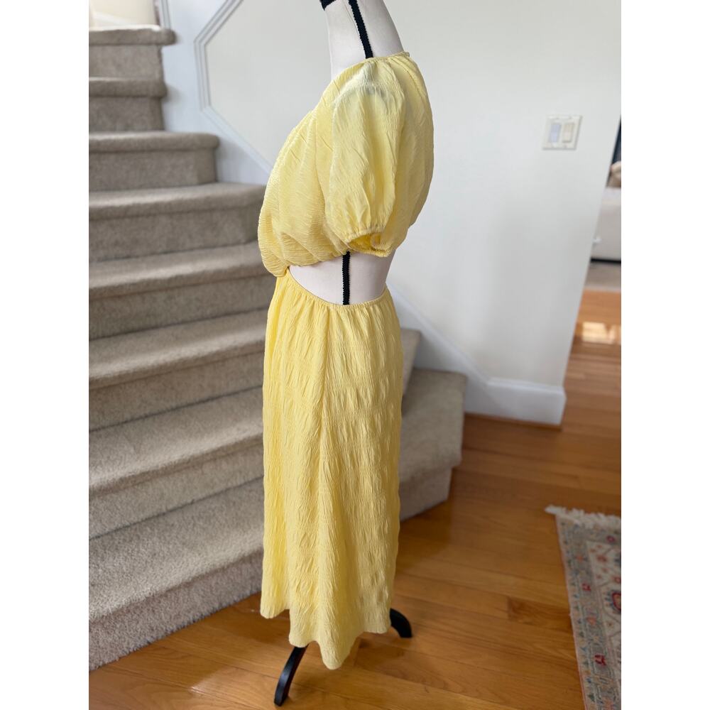 Petal + Pup Butter Yellow Puff Sleeve Midi Length Milk Maid Cut Out Back Dress - Picture 3 of 7